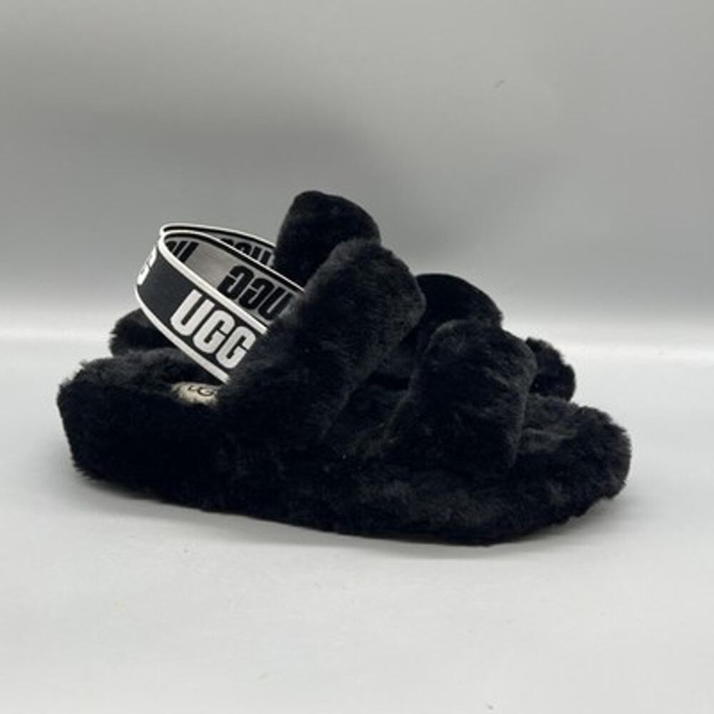 UGG Shoes Women 7 Black Shearling Fluff Yeah Slide Slingback Logo Strap Slippers